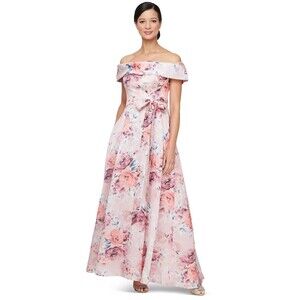 Alex Evenings NWT Satin Floral Evening Gown Pink Women 16 Wedding Mother Bride